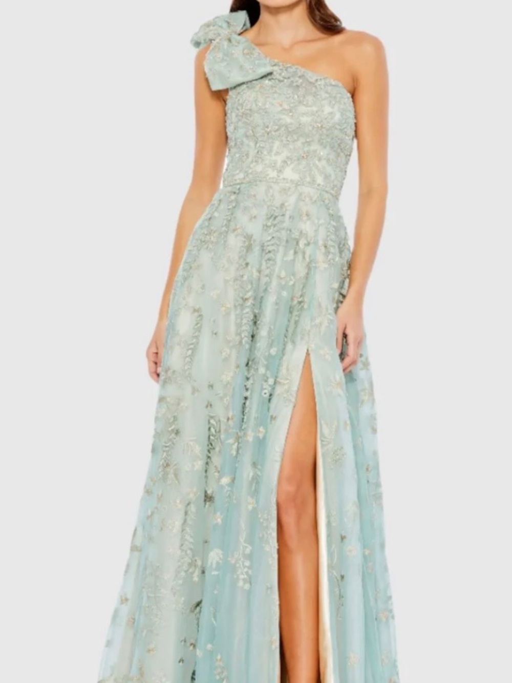 MAC DUGGAL MAC Duggal Green Embellished Bow One Shoulder A Line Gown